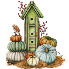 Watercolor Birdhouse Surrounded By Pumpkins