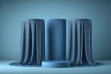 background, cloth podium display set on blue backdrop with curtain and palm shadow. Product promotion Beauty cosmetic pedestal. Studio Minimal. Generative AI