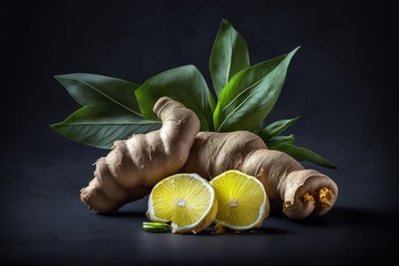 Wall Mural - Ginger tubers studio shot garnished with lemon slices . Dark background. Generative AI illustration