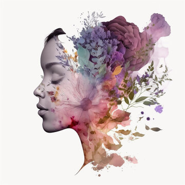watercolor illustration with a woman's face and flowers on a white background. concept illustration.