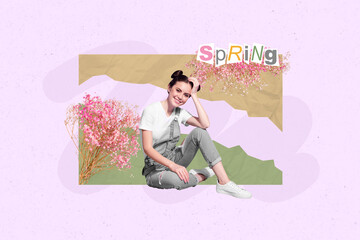 Sticker - Creative image artwork collage of beautiful beauty lady sitting enjoy spring great warm weather relax