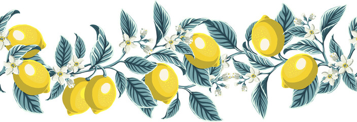 Wall Mural - Yellow fresh lemons, lemon branches on a white background. Seamless background, frame, postcard, highlight individual PNG objects.