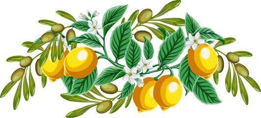 Wall Mural - Wedding invitation with lemon, leaf, flower and olive branches elements, highlight individual PNG objects.