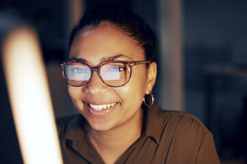 Poster - Computer night, face portrait and black woman review article for media app, website database or social network feedback. Brand copywriting, online blog editor and happy journalist editing news post