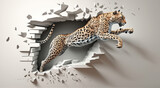 A spotted leopard jumps out of a hole in a ruined white wall - aI generated