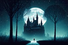 Castle Silhouette In Winter At Night Illustration Ai Generate
