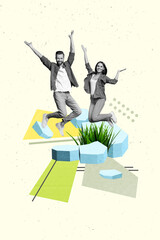 Sticker - Vertical collage image of two overjoyed excited black whit effect people jumping growing green grass under melting ice