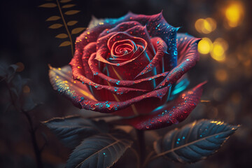 Wall Mural - Mystical glowing red rose close-up. Isolated on dark blurred background or night. Stunning plants and flowers in nature travel or wildlife photography made with Generative AI