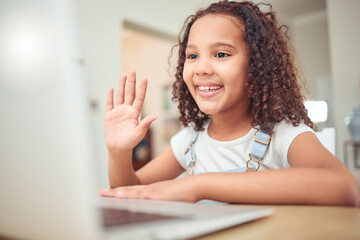 Poster - Elearning, video call and child with laptop in online class wave hello for learning, education and knowledge. Young girl kid or child taking a digital home e learning course with internet zoom call