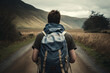 © Lazy_Bear - Back view of man with backpack travelling outdoors. Adventure and traveling lifestyle concept. Created with Generative AI