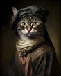 Portrait of a cat in renaissance clothes. Generative AI.