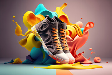 Wall Mural - Creative bright colorful sneakers on abstract background. Sport footwear and fashion concept. Banner for design. Created with Generative AI