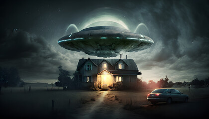 Alien invasion above a countryside house