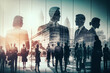 Image à double exposition d'hommes d'affaires en réunion de groupe, immeuble de bureaux urbains, partenariat et accord commercial - Générative IA