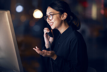 Poster - Phone call communication, office night or woman proposal, plan or feedback idea on telephone chat with investment contact. Networking conversation, discussion or agent talking, speaking or consulting