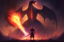 Knight Fights Dragon, Fantasy Illustration Ai Generate