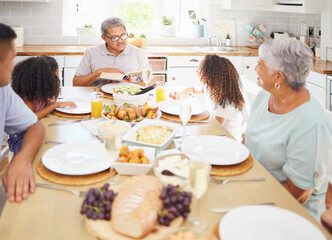 Poster - Mexico family, reading bible at Christmas lunch table with grandparents and children listening for faith, spiritual holiday and love. Happy indigenous people with religion prayer book on thanksgiving