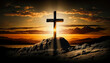 © Onchira - Cross of jesus christ on a background with dramatic lighting, colorful mountain sunset, Generative ai