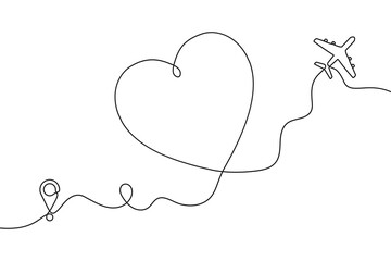 Leinwandbilder - Continuous one line drawing of airplane path in heart form. One single line airplane route with start point and hearted way, aircraft with heart shaped trace.