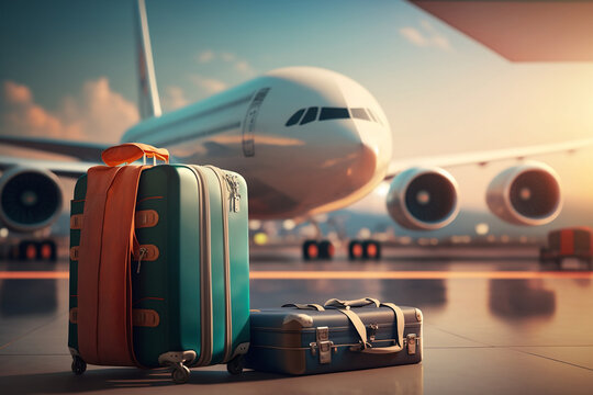 travel concept: suitcases in the airport with the airplane in the background