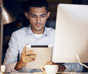 Poster - Tablet reading, night focus and business man review article for media app, website database or social network feedback. Brand copywriting, blog editor deadline and journalist editing online news post