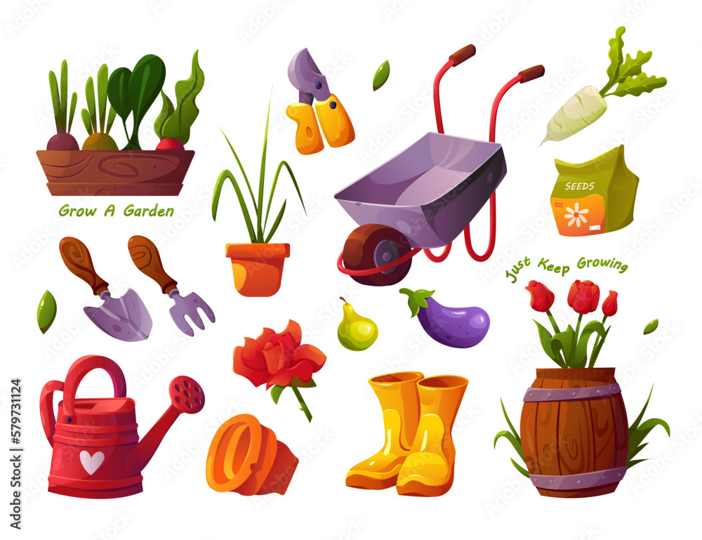Gardening Tools Isolated. Set of various garden items. Watering can ...