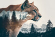 Double exposure of a mountain lion with forest and mountains - Generative AI