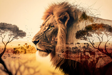 double exposure of a lion and the africa savannah - generative ai
