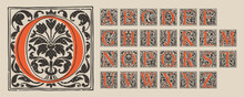 Drop Caps Alphabet In Medieval Engraving Style. Blackletter Square Initials.