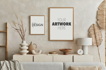 Sticker - Creative composition of modern beige living room interior with mock up poster frame, sofa, commode and accessories in earth colours.