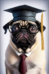 Cute funny pug professor wearing tie and graduation hat. Clever dog illustration. AI generative image.