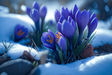 Crocuses - Blooming Purple Flowers Making Their Way From Under The Snow In Early Spring, Crocuses, Blooming, Purple, Flowers, Snow, 