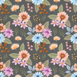 © teerawat - Cute colorful flowers with butterfly on brown color background seamless pattern.
