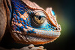 Macro of the head of a brown chameleon with a blue pattern, made with generative ai