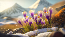 Spring Awakening Landscape With First Purple Crocus Flowers On The Snow At Early Morning Sunrise Sunlight. Generated AI.