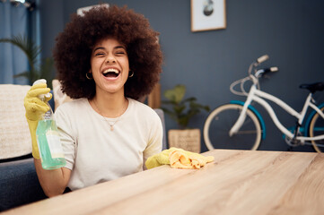 Poster - Happy, cleaning and spray with black woman and table for dust, bacteria or housekeeping service. Disinfection, hygiene and washing with girl at home and tidy household for cleaner, chores and fresh