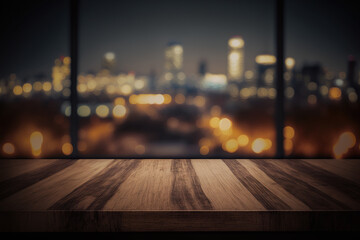 Wall Mural - Wood table top on blur glass window wall building background. Created with Generative AI Technology