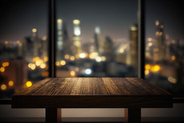 Wall Mural - Wood table top on blur glass window wall building background. Created with Generative AI Technology