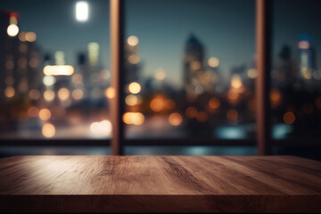 Wall Mural - Wood table top on blur glass window wall building background. Created with Generative AI Technology