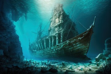 Wall Mural - Shipwrecks Petrified in Crystal Waters: Exploring Ancient Ruins Below Generative AI