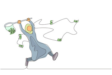 Poster - Single continuous line drawing Arabian businesswoman trying to catch flying money with butterfly net. Entrepreneur woman using business opportunity to scoop dollar bills. One line draw design vector