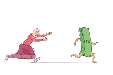 Poster - Continuous one line drawing Arabic businesswoman or manager running and chasing after run away money. Concept of money obsession, impatient, greedy. Single line draw design vector graphic illustration
