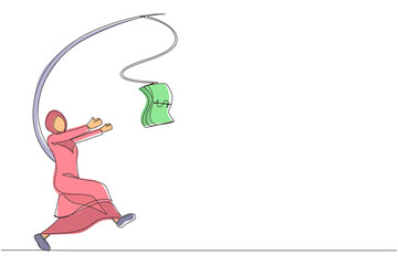 Poster - Single one line drawing greedy Arabian businesswoman or manager is running after money. Greedy woman in business blazer with attached rod and dollar. Continuous line design graphic vector illustration