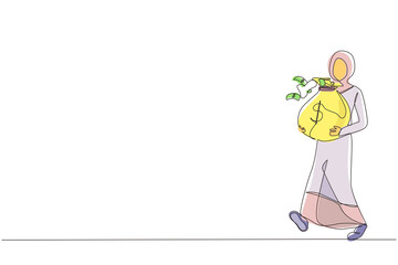 Poster - continuous one line drawing happy arabian businesswoman walking and carrying big heavy sack full of 