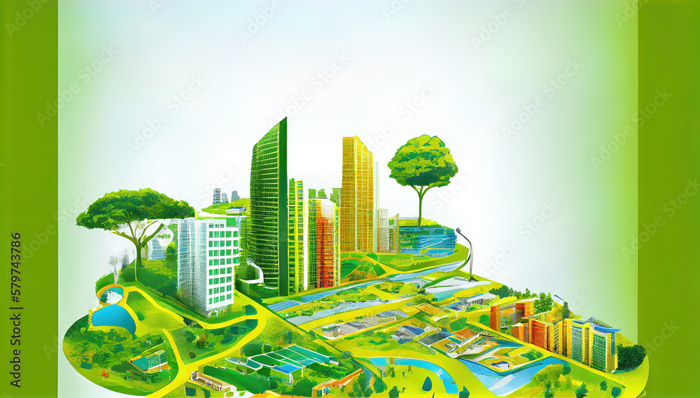 Futuristic sustainable city illustration with green environment ...