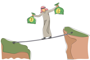 Poster - continuous one line drawing arabian businessman walk over cliff gap mountain carry two money bag ris