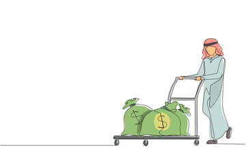 Poster - Continuous one line drawing Arabian businessman push cart with money bags. Reward or profit concept. Man employee with salary. Investor carries money to startup. Single line draw design vector graphic