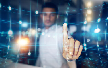 Poster - Futuristic, hologram and touch screen interface, man in future technology digital overlay in virtual reality. Hand, biometric cyber business and innovation in ux design user on vr data points button.