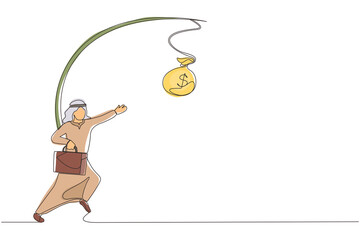 Poster - Single one line drawing oblivious Arabian businessman chasing bag of money. Artwork illustration depicts foolishness, stupidity, unawareness, decoy. Continuous line design graphic vector illustration