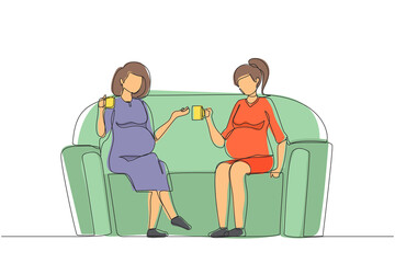 Poster - Single one line drawing two girls are sitting on couch. They drink tea, talk, share secrets. Friends, neighbors, young ladies. Cozy evening with hot drink. Continuous line draw design graphic vector
